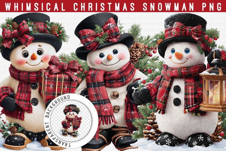 Whimsical Christmas Snowman PNG | Red Plaid Winter Clipart example image 1