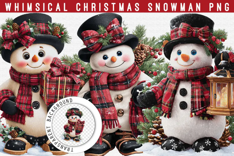 Whimsical Christmas Snowman PNG | Red Plaid Winter Clipart
