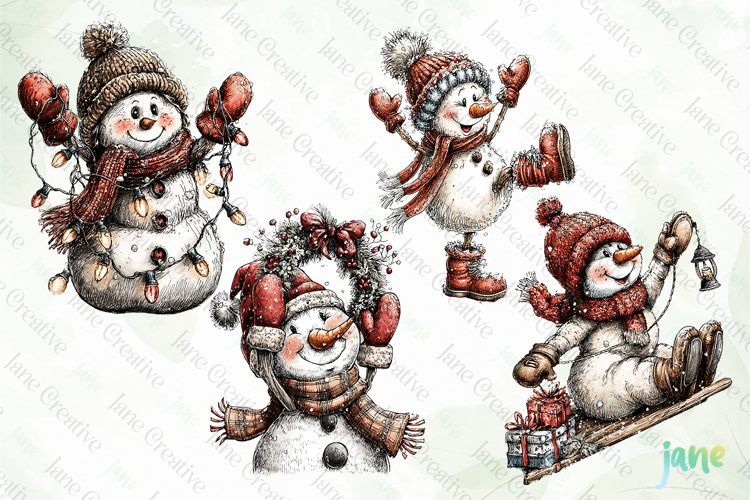 Whimsical Christmas Snowmans Clipart