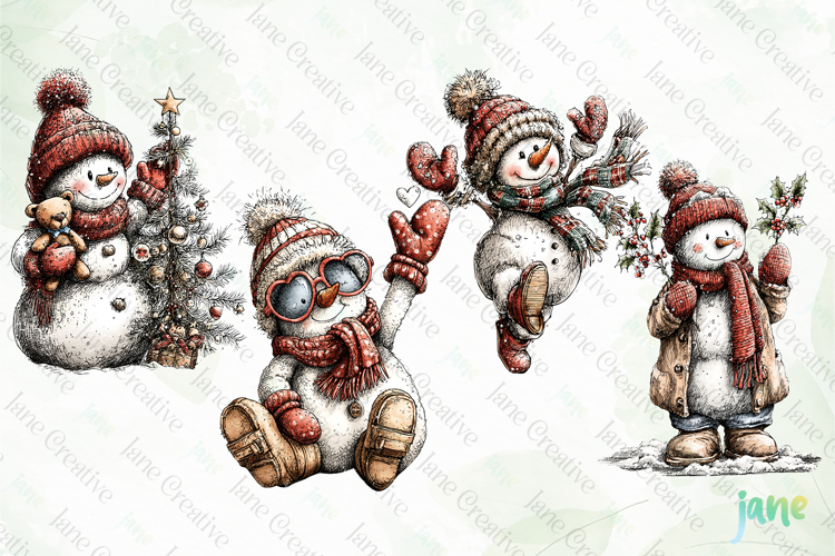Whimsical Christmas Snowmans Clipart