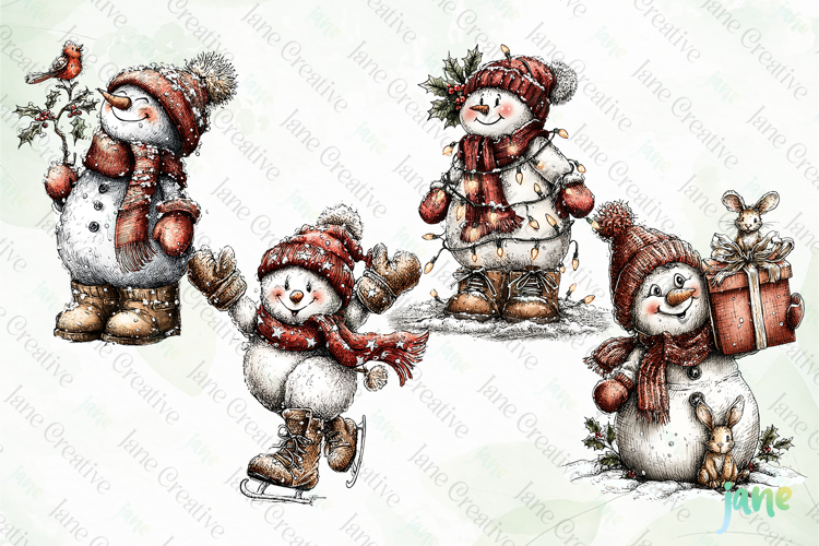 Whimsical Christmas Snowmans Clipart