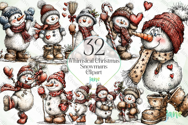 Whimsical Christmas Snowmans Clipart Bundle
