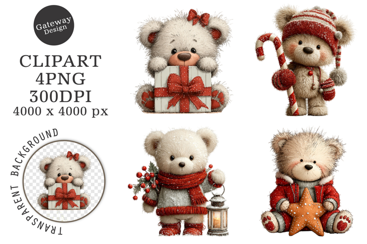 Whimsical Christmas Teddy Bear Blue Clipart