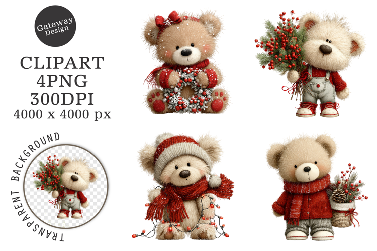 Whimsical Christmas Teddy Bear Blue Clipart