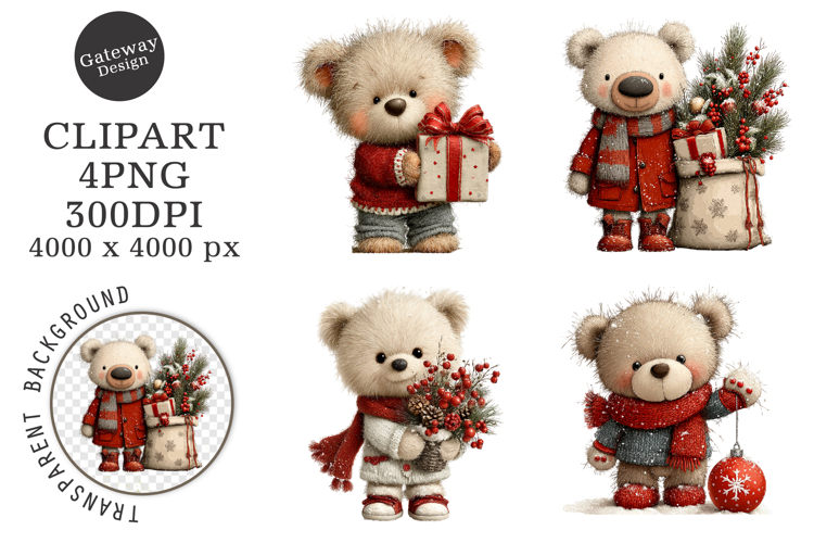 Whimsical Christmas Teddy Bear Blue Clipart