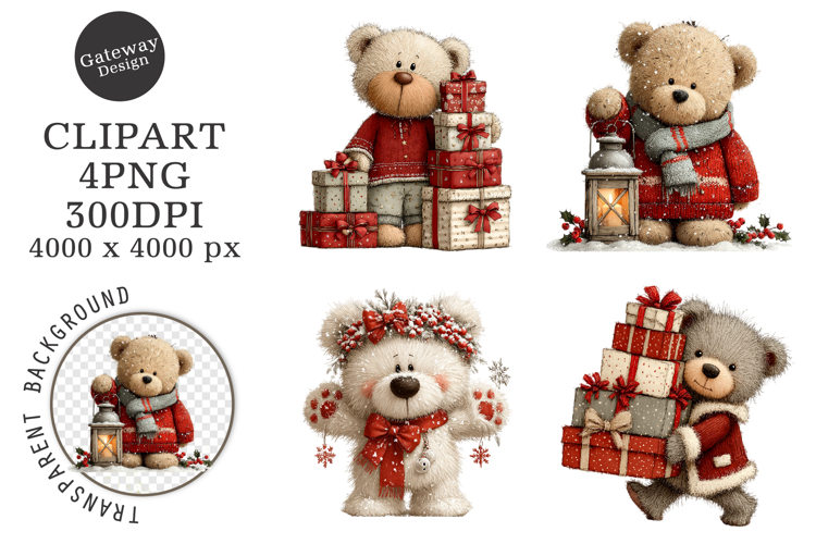 Whimsical Christmas Teddy Bear Blue Clipart