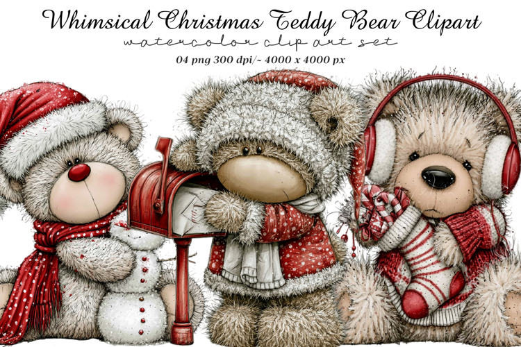 Whimsical Christmas Teddy Bear Clipart example image 1