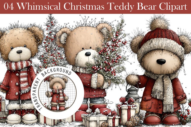 Whimsical Christmas Teddy Bear Clipart example image 1