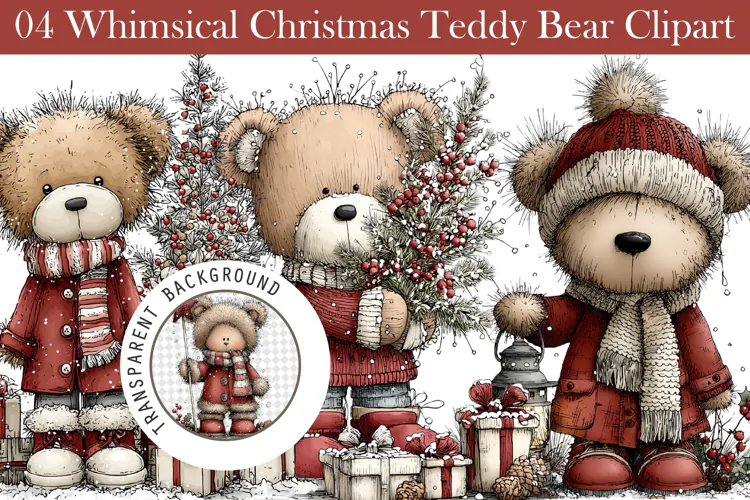 Whimsical Christmas Teddy Bear Clipart