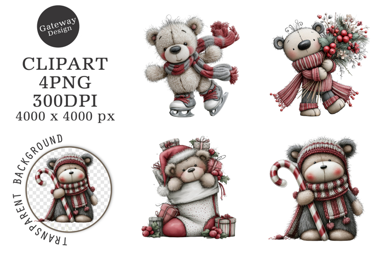 Whimsical Christmas Teddy Bear Clipart