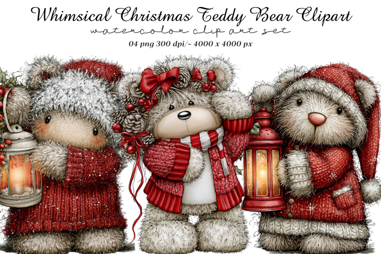 Whimsical Christmas Teddy Bear Clipart example image 1