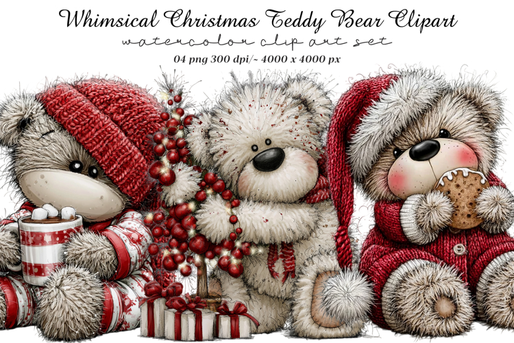 Whimsical Christmas Teddy Bear Clipart example image 1