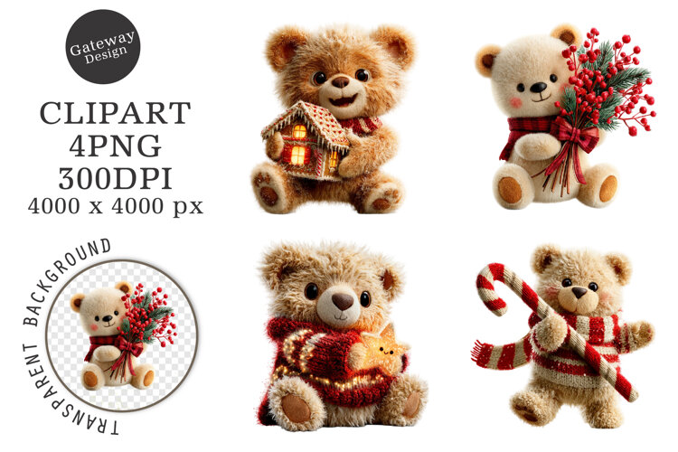 Whimsical Christmas Teddy Bear Clipart example image 1