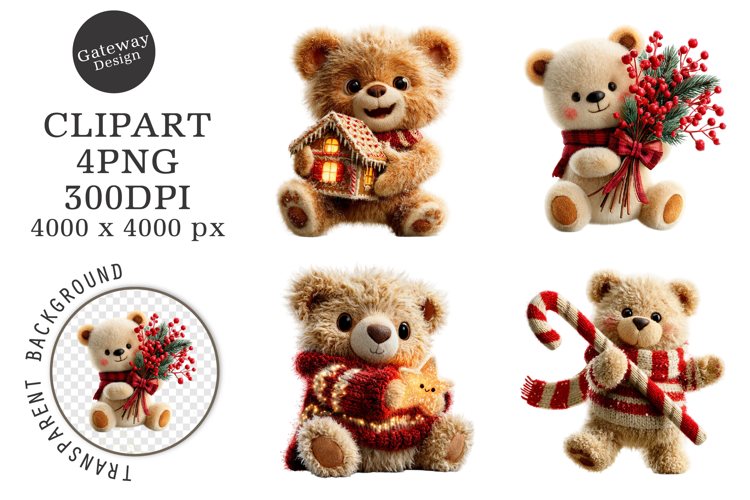Whimsical Christmas Teddy Bear Clipart