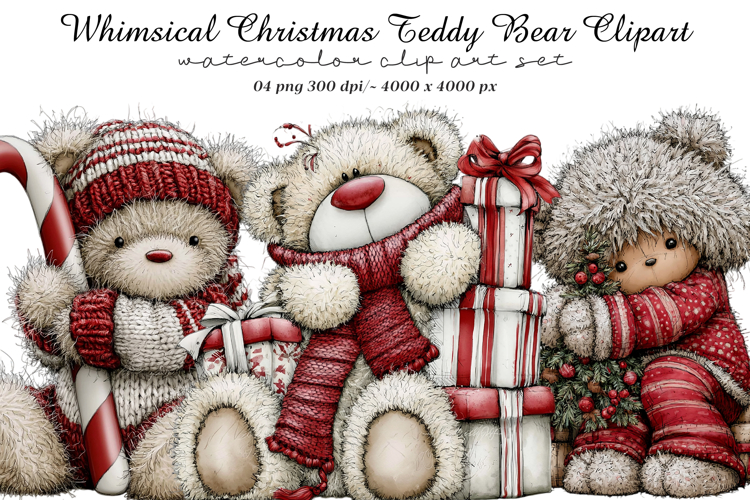 Whimsical Christmas Teddy Bear Clipart example image 1