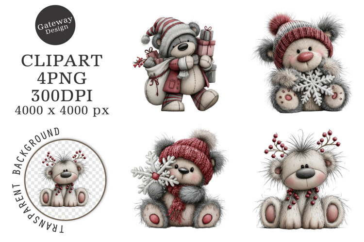 Whimsical Christmas Teddy Bear Clipart example image 1