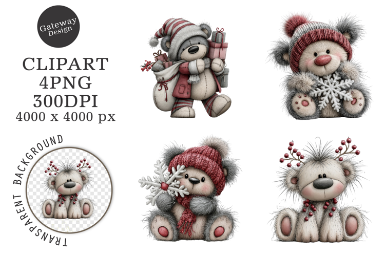 Whimsical Christmas Teddy Bear Clipart