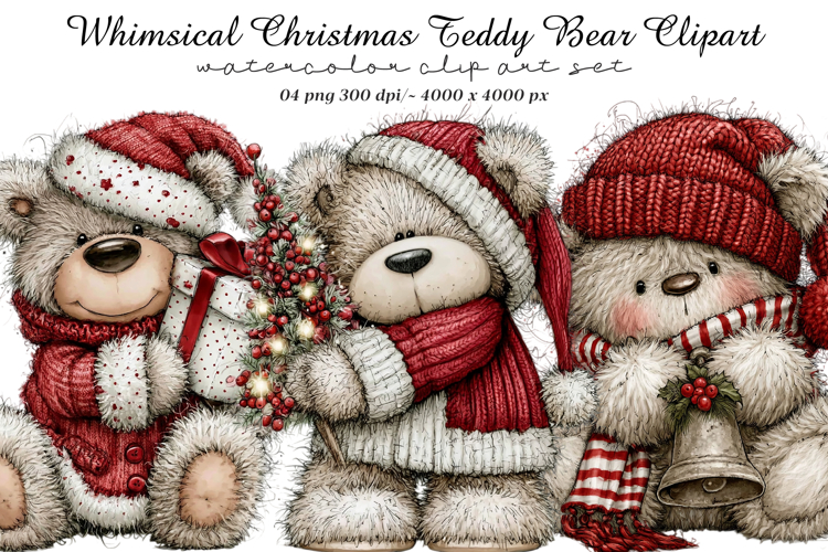 Whimsical Christmas Teddy Bear Clipart example image 1