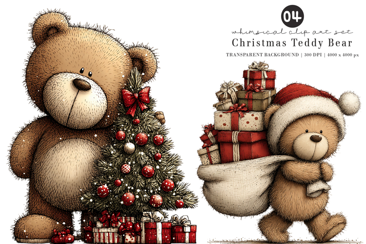 Whimsical Christmas Teddy Bear Clipart example image 1