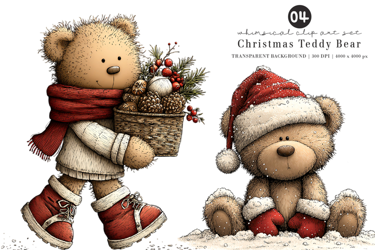 Whimsical Christmas Teddy Bear Clipart example image 1