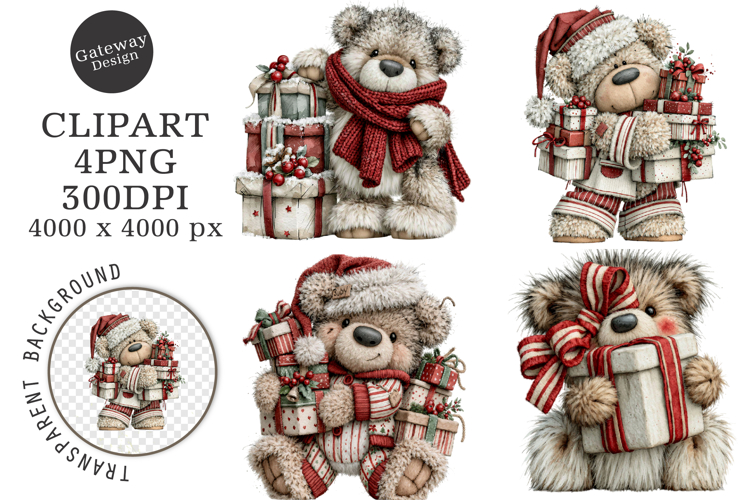 Whimsical Christmas Teddy Bear Clipart