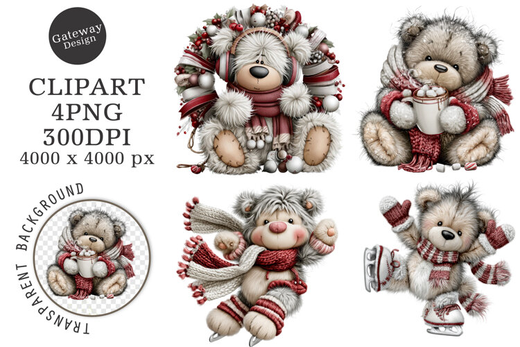 Whimsical Christmas Teddy Bear Clipart example image 1