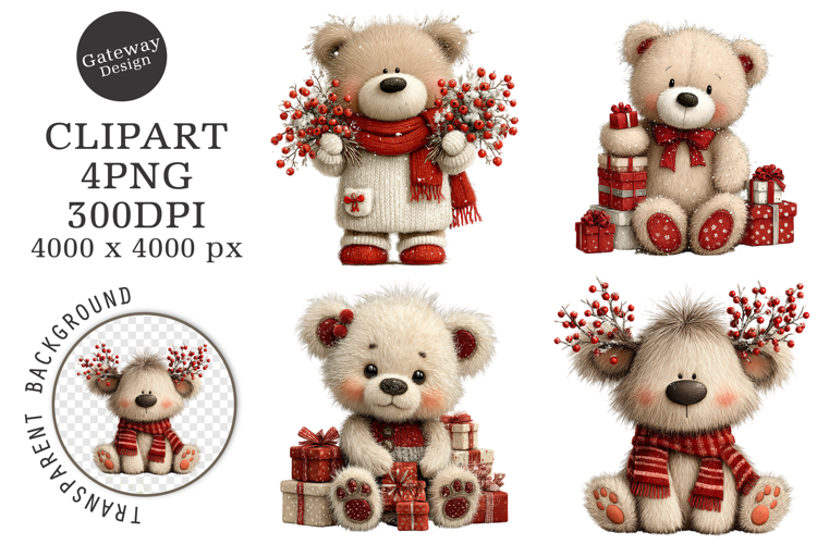 Whimsical Christmas Teddy Bear Clipart