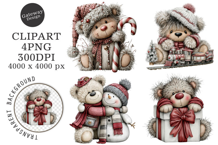 Whimsical Christmas Teddy Bear Clipart example image 1