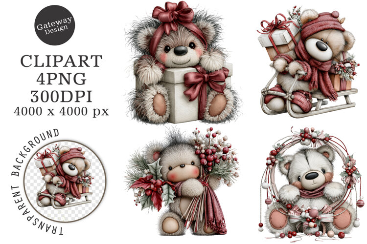Whimsical Christmas Teddy Bear Clipart example image 1