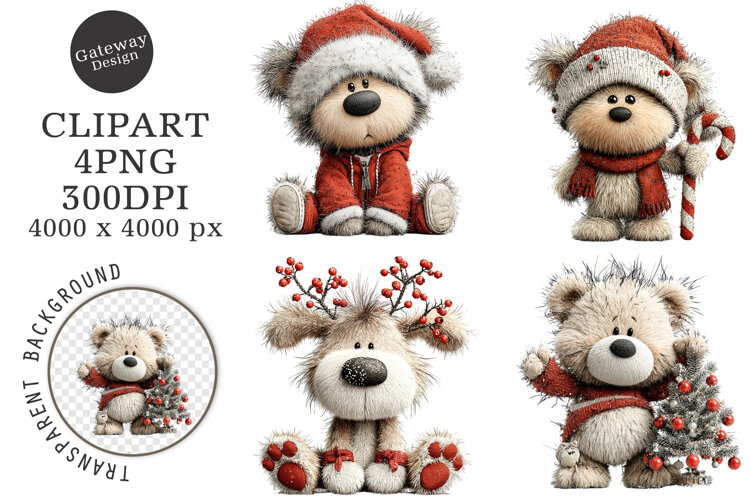 Whimsical Christmas Teddy Bear Clipart example image 1