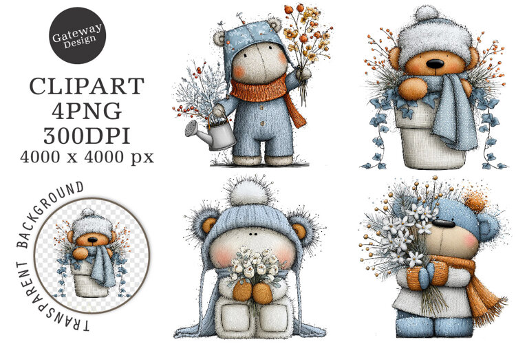 Whimsical Christmas Teddy Bear Winter Clipart example image 1