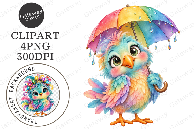 Whimsical Colorful Frizzy Bird Clipart