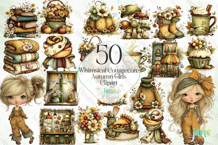 Whimsical Cottagecore Autumn Girls Clipart Bundle