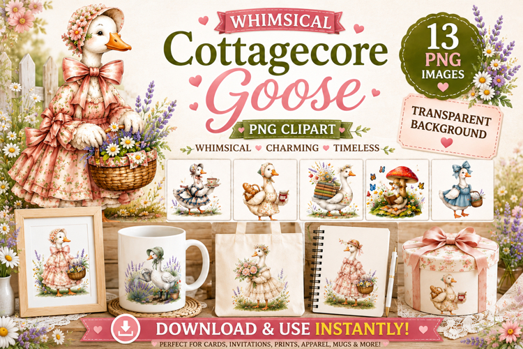 Whimsical Cottagecore Goose PNG Clipart Bundle | 13 PNG example image 1