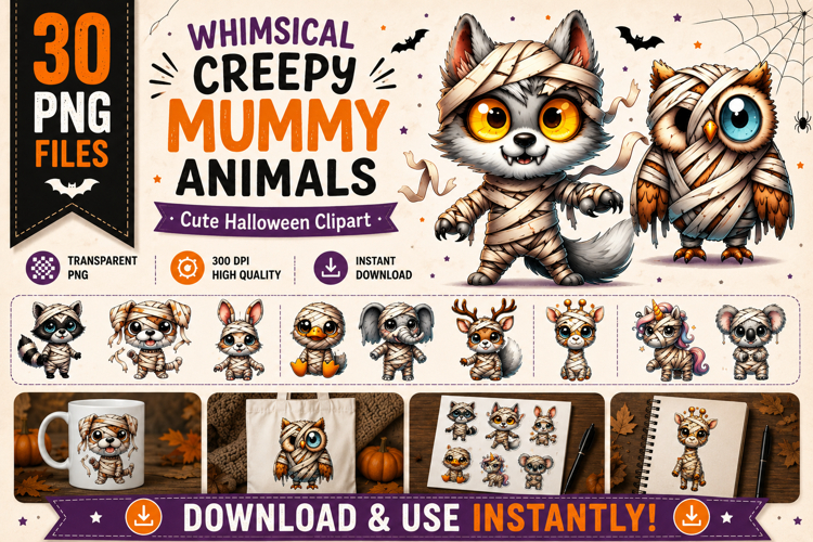 Whimsical Creepy Mummy Animals Clipart Bundle PNG