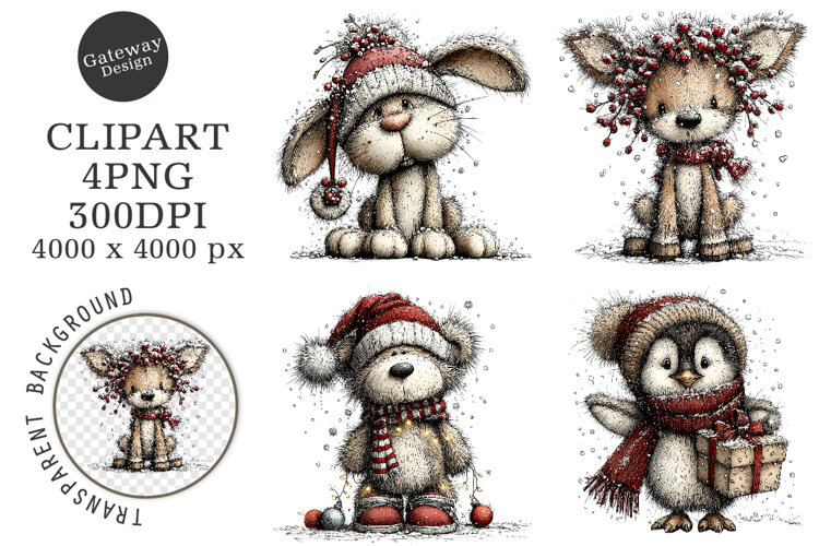 Whimsical Cute Animals Christmas Clipart example image 1