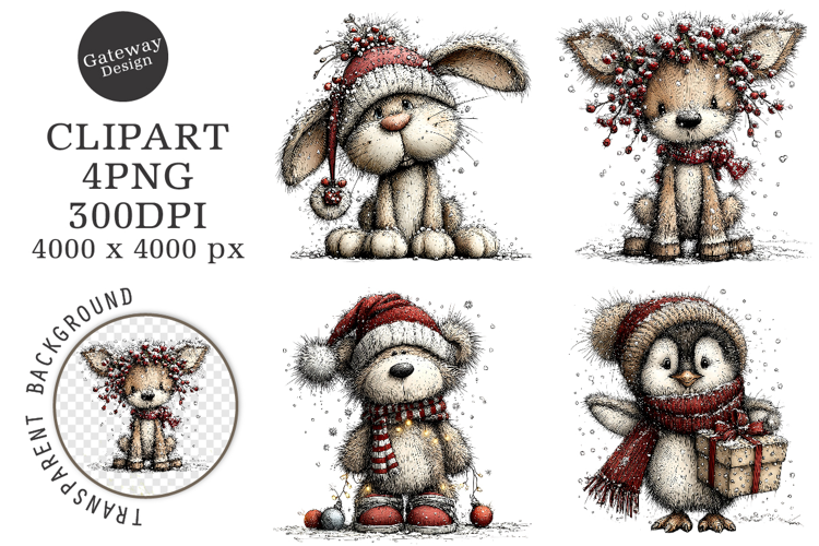 Whimsical Cute Animals Christmas Clipart