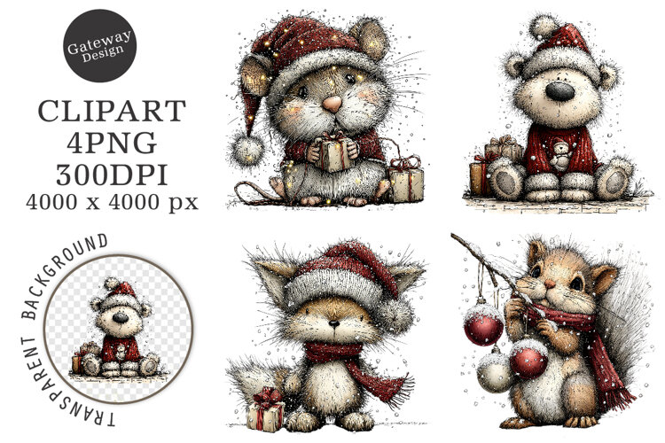 Whimsical Cute Animals Christmas Clipart example image 1