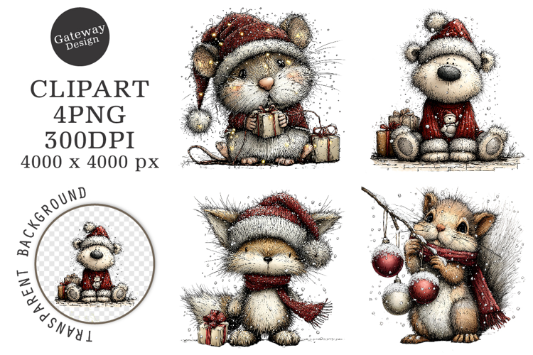 Whimsical Cute Animals Christmas Clipart