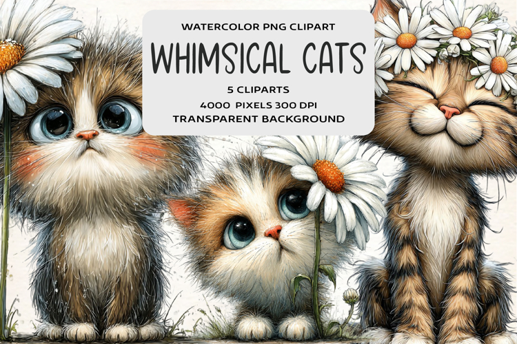 Whimsical Cute Cats Daisy Clipart