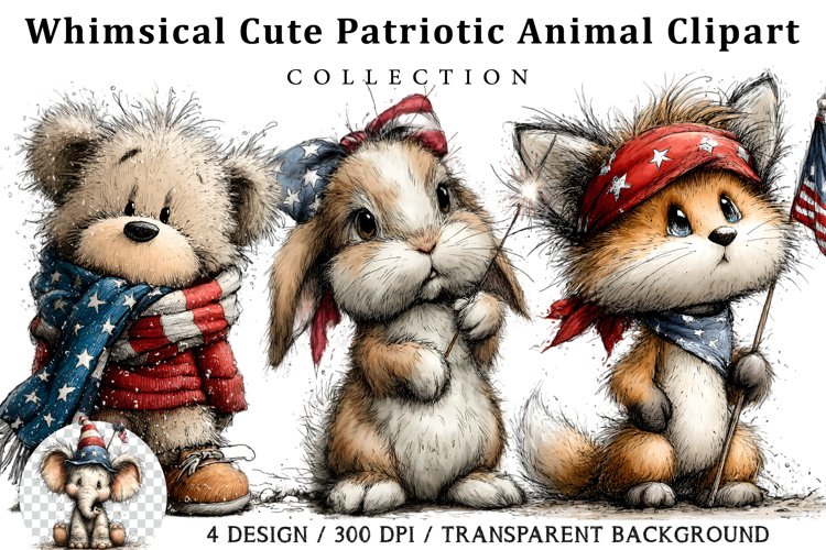 Whimsical Cute Patriotic Animal Clipart