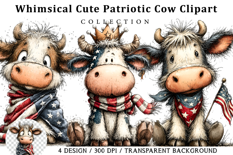 Whimsical Cute Patriotic Cow Clipart