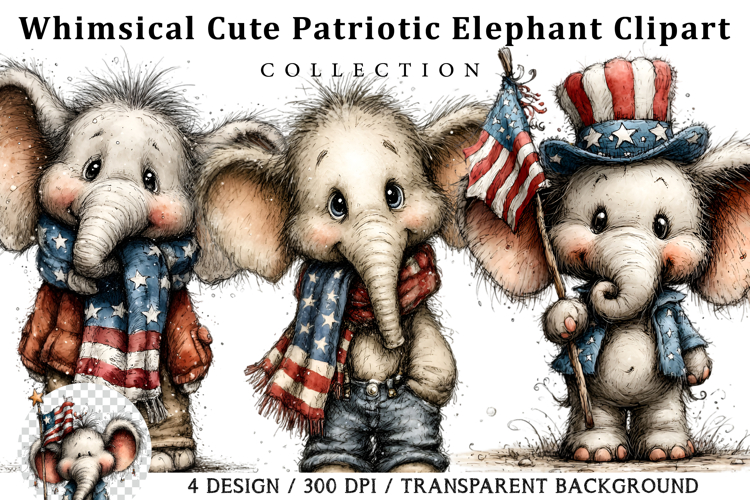 Whimsical Cute Patriotic Elephant Clipart
