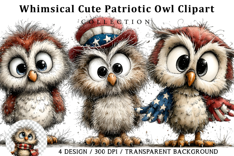 Whimsical Cute Patriotic Owl Clipart