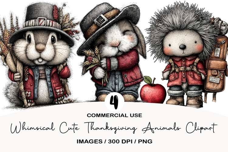 Whimsical Cute Thanksgiving Animals Clipart