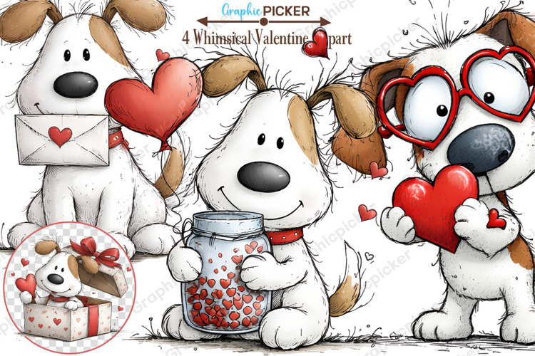 Whimsical Valentine Dogs Clipart, Valentines Day PNG