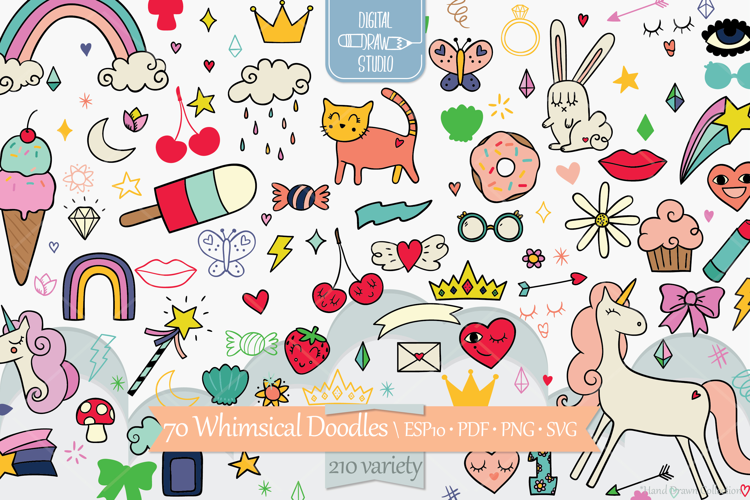 Whimsical Color Doodles | Hand drawn Unicorn, Rainbow, Heart