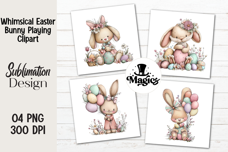 Whimsical Easter Bunny Playing Clipart, Easter Sublimation