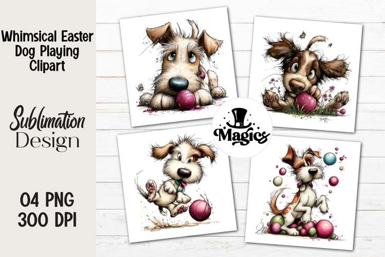 Whimsical Easter Dog Playing Clipart, Easter Sublimation PNG