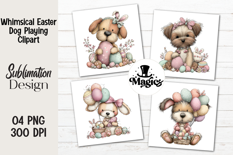 Whimsical Easter Dog Playing Clipart, Easter Sublimation PNG
